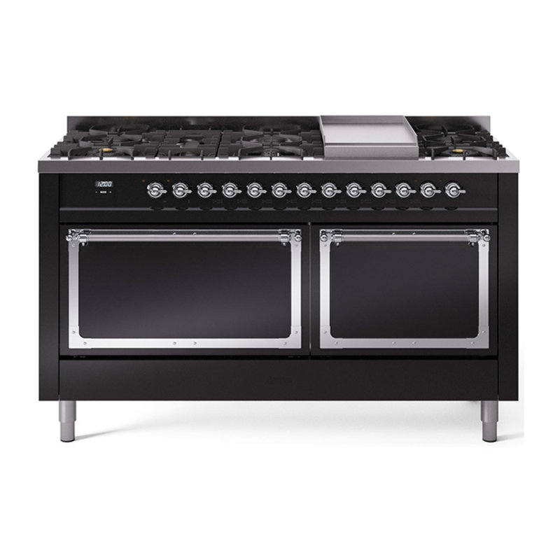 ILVE Nostalgie II Noblesse 60 in Dual Fuel Range, 9 Burner, Griddle, Glossy Black/Chrome, Natural Gas