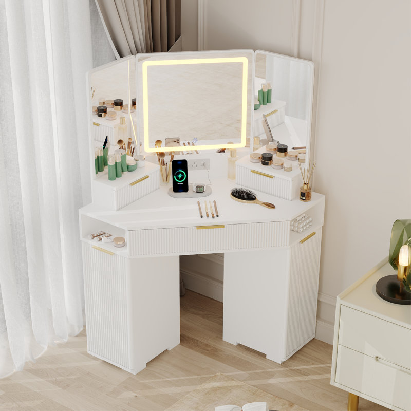 Corner Makeup Vanity Desk with LED Mirror & Lights, Fluted Design Vanity Table with Drawers, Storage Cabinets, White