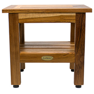 EcoDecors 14" Eleganto Teak Shaving Foot Rest with Shelf, Naturally Water Resistant Bathroom Bench