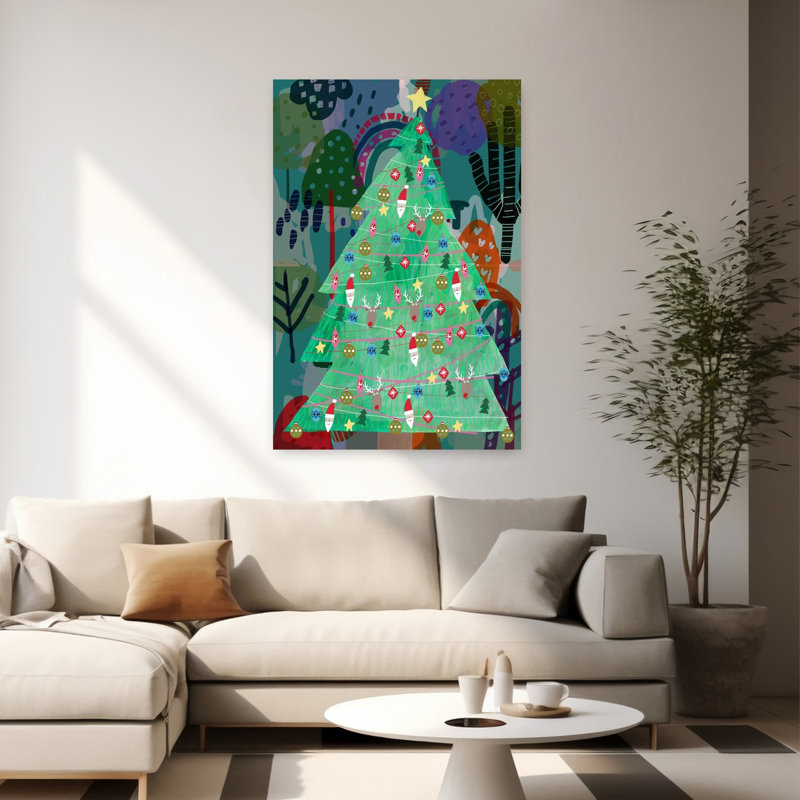 Fête de la forêt, arbre de Noël abstrait, arbre de Noël fantaisiste coloré, impression d'art mural forêt d'hiver