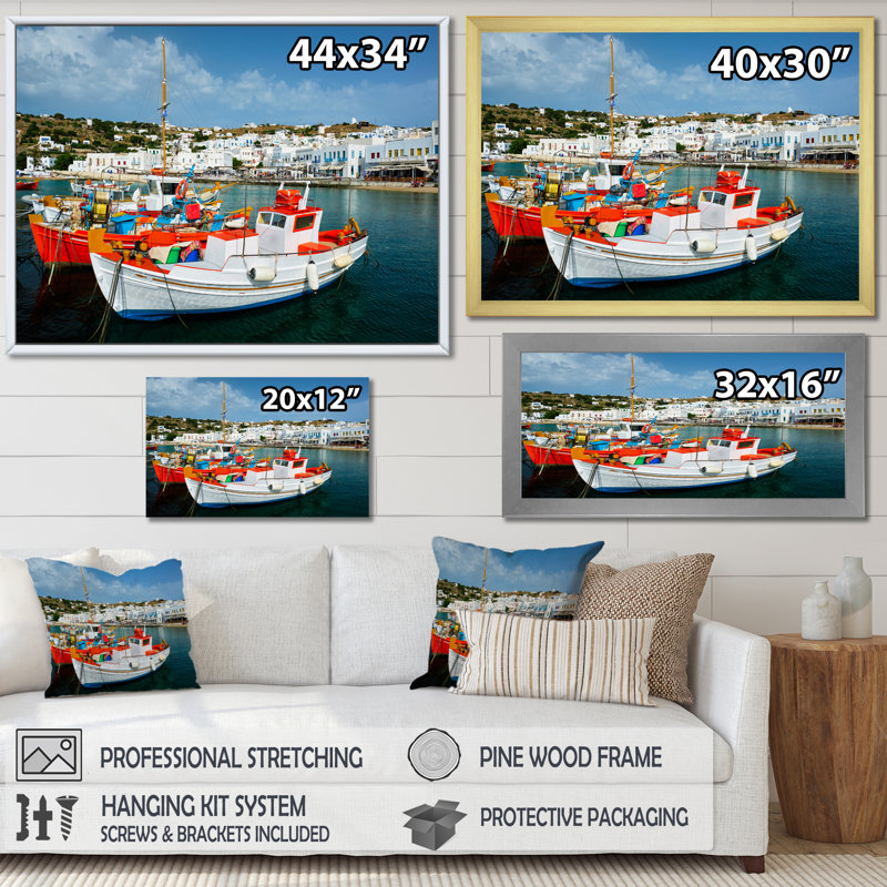 «Greek Port Finition Boat» - reproductions d'art mural chasse et pêche, Cadre flottant blanc, H 30 po x l 40 po
