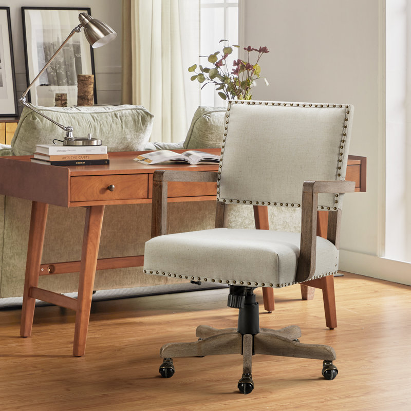 Bromley Farmhouse Task Chair With Solid Wood Arm And Nailhead Trim, Linen