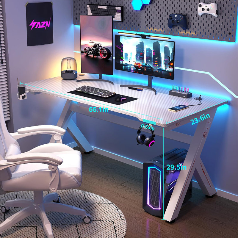 Table d'ordinateur de jeu avec bureau à domicile, Blanc, H 29,5 po x l 55,1 po x P 23,6 po