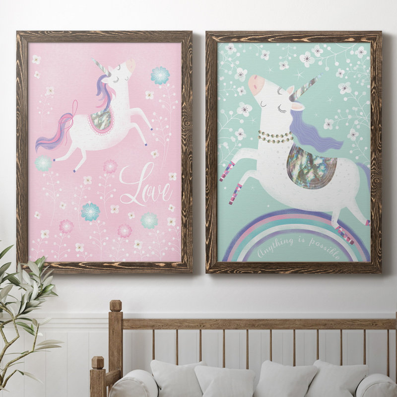 «Love Unicorn», ensemble de 2 impressions, H 44 po x l 31 po x P 1 po, Toile avec cadre en noyer, Pas de tapis
