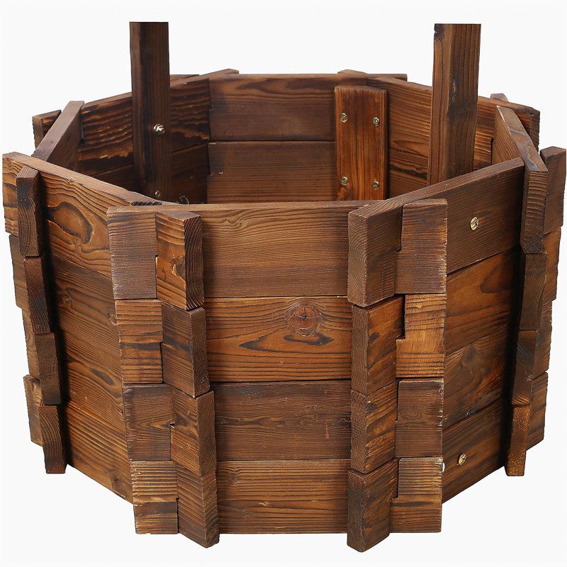Rustic Wooden Wishing Well Planter Outdoor Home Décor for Patio, Garden, Yard w/Hanging Bucket