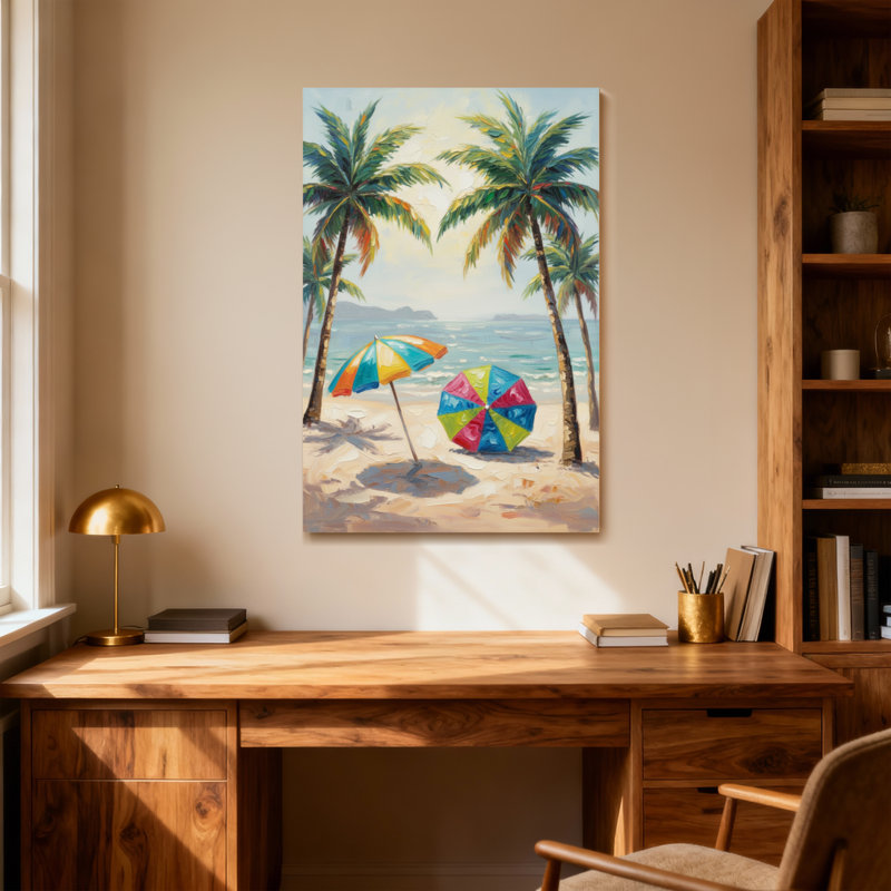 Plantes et fleurs, plage tropicale avec palmiers et parasols colorés, H 48 po x l 32 po