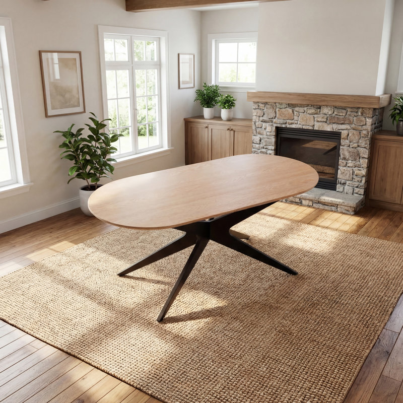 69.3" Oval Pedestal Dining Table With Metal Base, Natural Wood