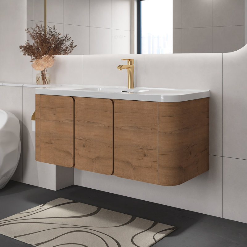 Meuble-lavabo mural imitation chêne 48 po avec lavabo en résine blanche, 3 portes à fermeture en douceur, 48"