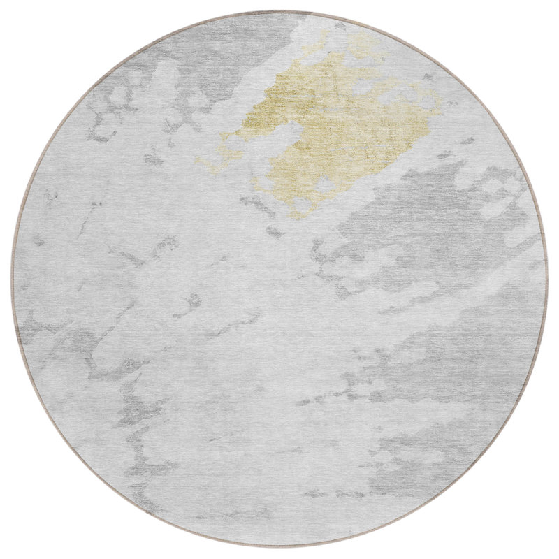8' Silver Grey And Ivory Round Abstract Washable Indoor Outdoor Area Rug