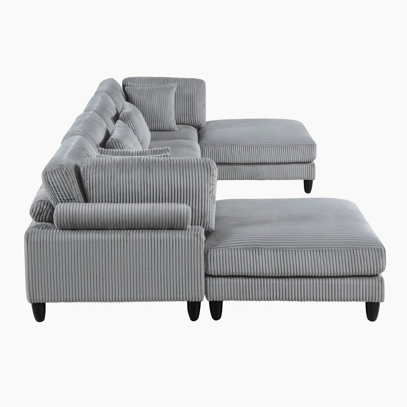 Loowit 120"W Modern 6-Piece Corduroy U-Shaped Modular Sectional with Dual Ottomans – Customizable Sofa with Reversible Cushions & Matching Pillows
