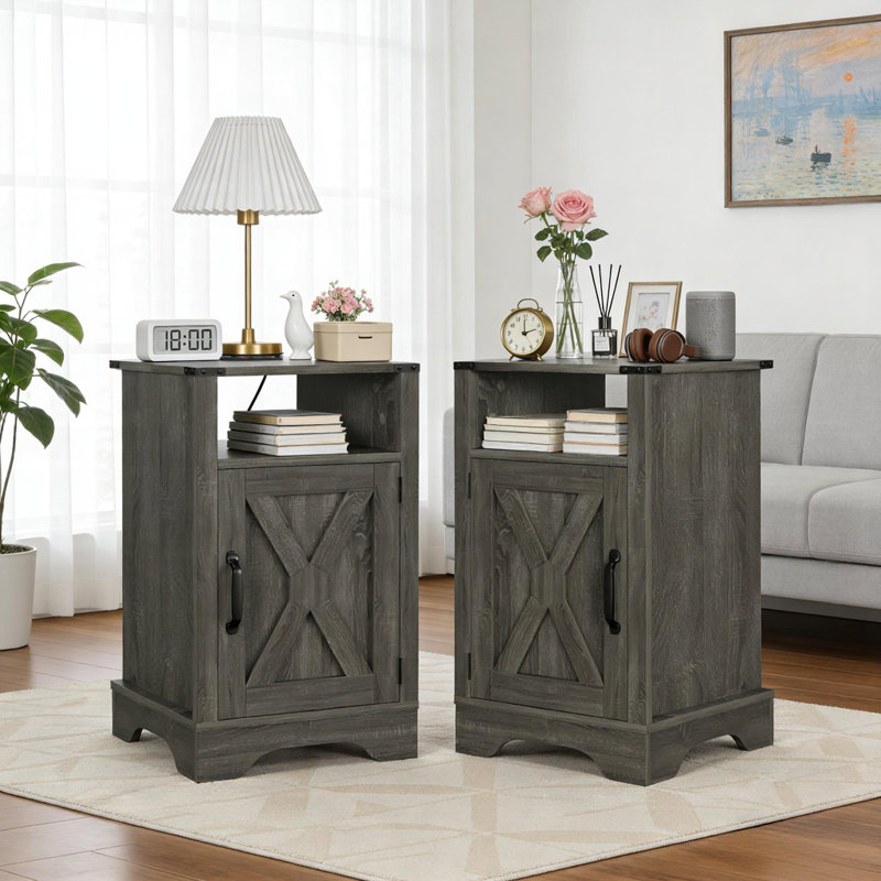 Farmhouse Nightstand Side Table with 1 USB Port, 2 Outlets Charge Station, Dark Gray, 2