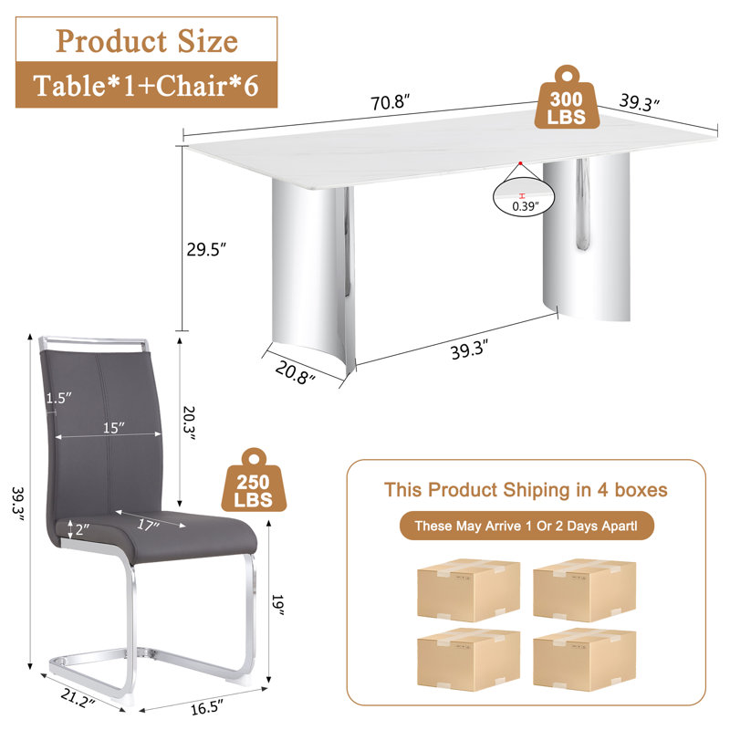 Kelik Modern Dining Table Set, Rectangular White Faux Marble Table with Mirrored Stainless Steel Base and Cantilever Chairs