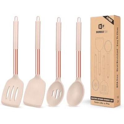 Ensemble de 4 ustensiles de cuisine en silicone, spatules antiadhésives robustes, cuillères à égoutter kaki or rose résistantes à la chaleur, ustensiles de cuisine idéaux sans BPA pour frire, mélanger, servir, égoutter et retourner.