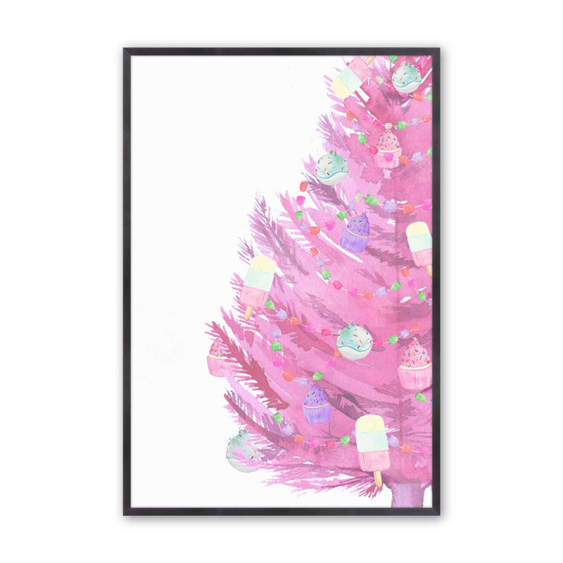 Reproduction d'un arbre de Noël rose ludique dans un cadre, Cadre en zinc patiné, H 11,25 po x l 9,25 po