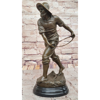 Pêcheur en bronze avec filet - Sculpture à thème nautique sur base en marbre