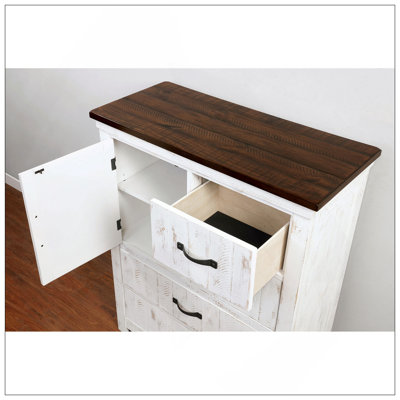 Commode en métal de style transitionnel moderne de 1 pièce avec quatre tiroirs et une planche d'armoire au fini blanc vieilli et noyer