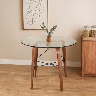Table de salle à manger ronde pour espaces compacts, brun chaud et verre transparent, pouvant accueillir quatre personnes, 34,5 pouces