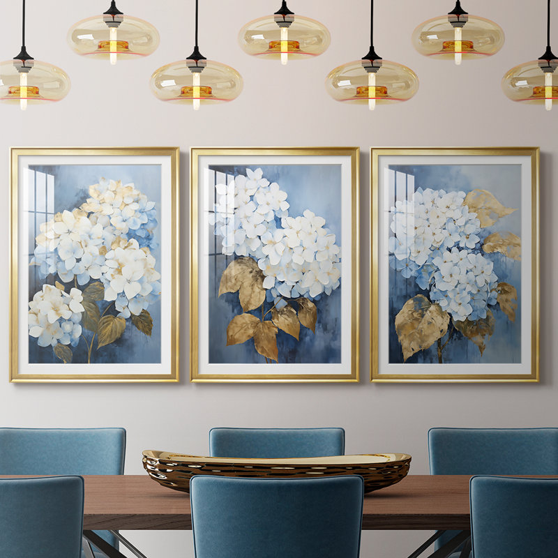 FLORAL Series CXLII - Impression encadrée de qualité supérieure sur mesure mat - 3 pièces, H 21 po x l 30 po, Doré