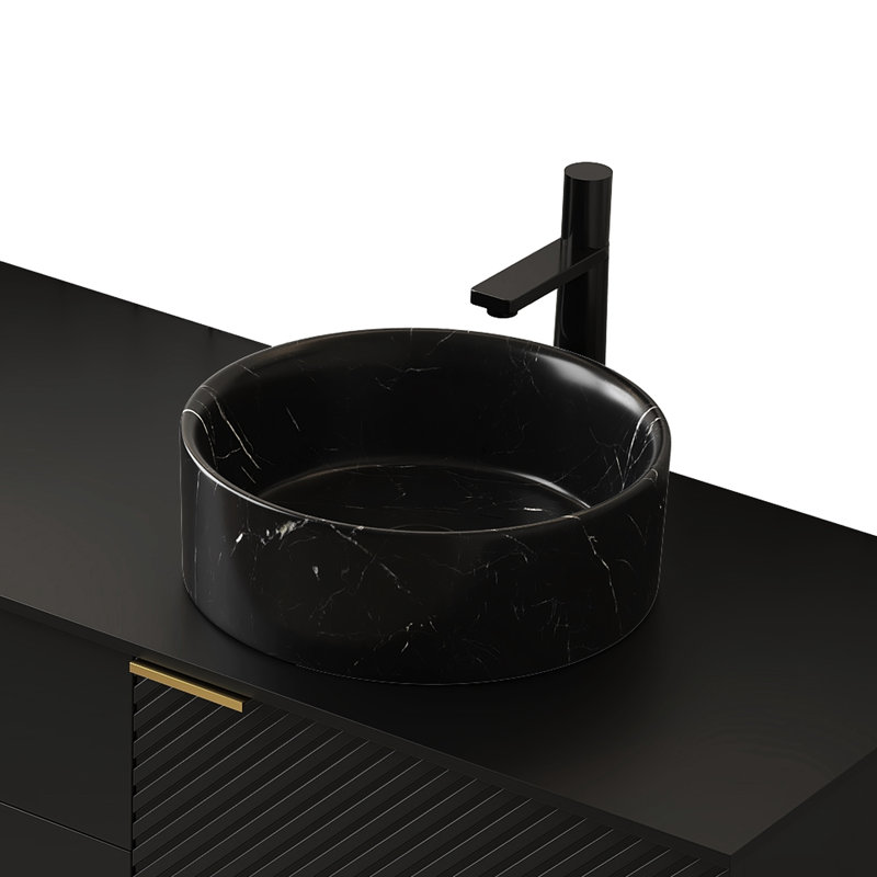 Lavabo de salle de bain rond en céramique noir mat 14 po, motif pierre, textures veinées gris brumeux, utilisation à long terme et anti-taches, lavabo de salle de bain de 14,02 po de largeur, noir, veiné, facile à entretenir, largeur, 4,83 po