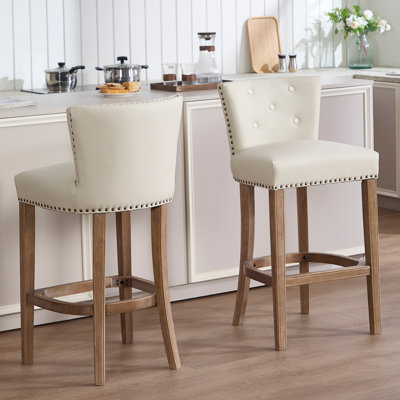 Set of 2 Bar Stools with Backrest, Genuine Leather Seat and Solid Wood Frame, Counter Height Chairs for Kitchen Island and Dining Room