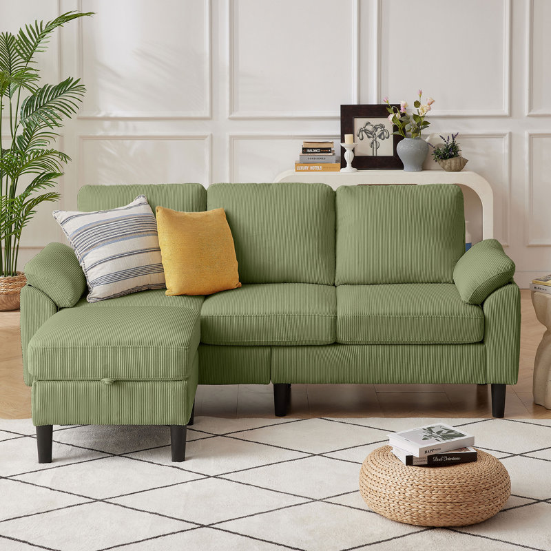 Darlyene Corduroy  79.32" Wide Reversible Sofa & Chaise with Ottoman, Mélange de polyester vert