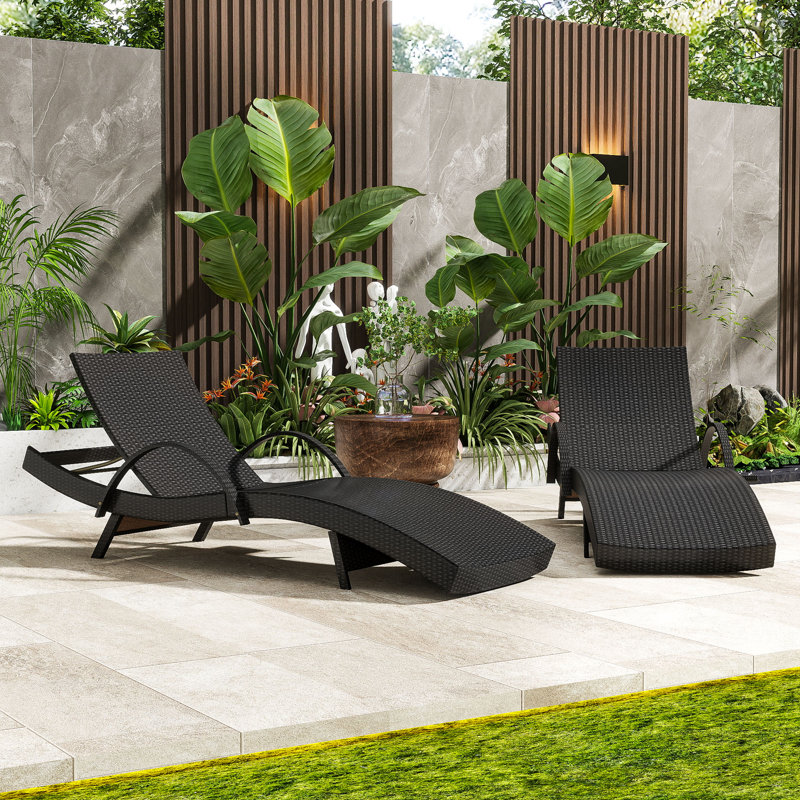 Chaise longue de patio en osier toutes saisons avec table d'appoint coulissante et dossier réglable, Brun foncé