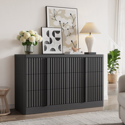 Commode pour chambre à coucher, commode moderne à 6 tiroirs de 47 po avec poignée en bois massif, profil courbé pour chambre à coucher, salon, couloir, noir