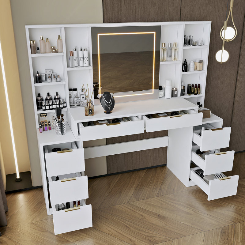 Bureau de maquillage avec miroir et lumières, coiffeuse avec tiroirs et tablettes de rangement ouvertes