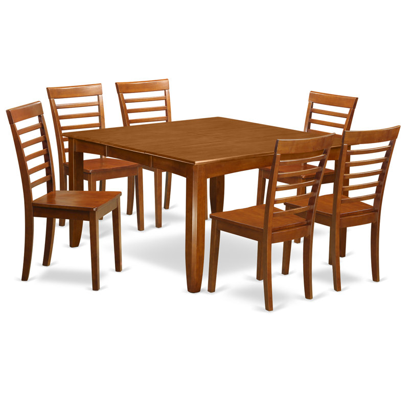 Ensemble de table de cuisine 7 pièces comprenant une table carrée à rallonge papillon et 6 chaises de salle à manger, 137 x 137 cm, brun selle