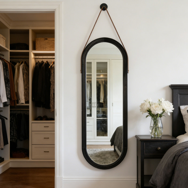 Arched Full-Length Paulownia Wood Wall Mirror With Hanging Strap