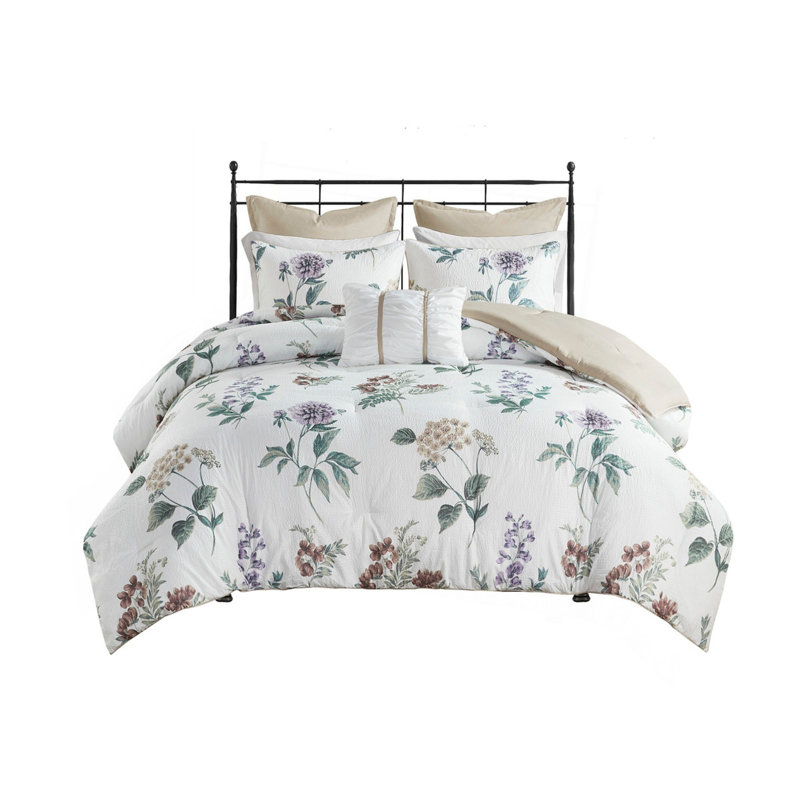 Ensemble d'édredon imprimé 7 pièces avec couverture en jeté taupe / rosé, Édredon double et 6 pièces supplémentaires