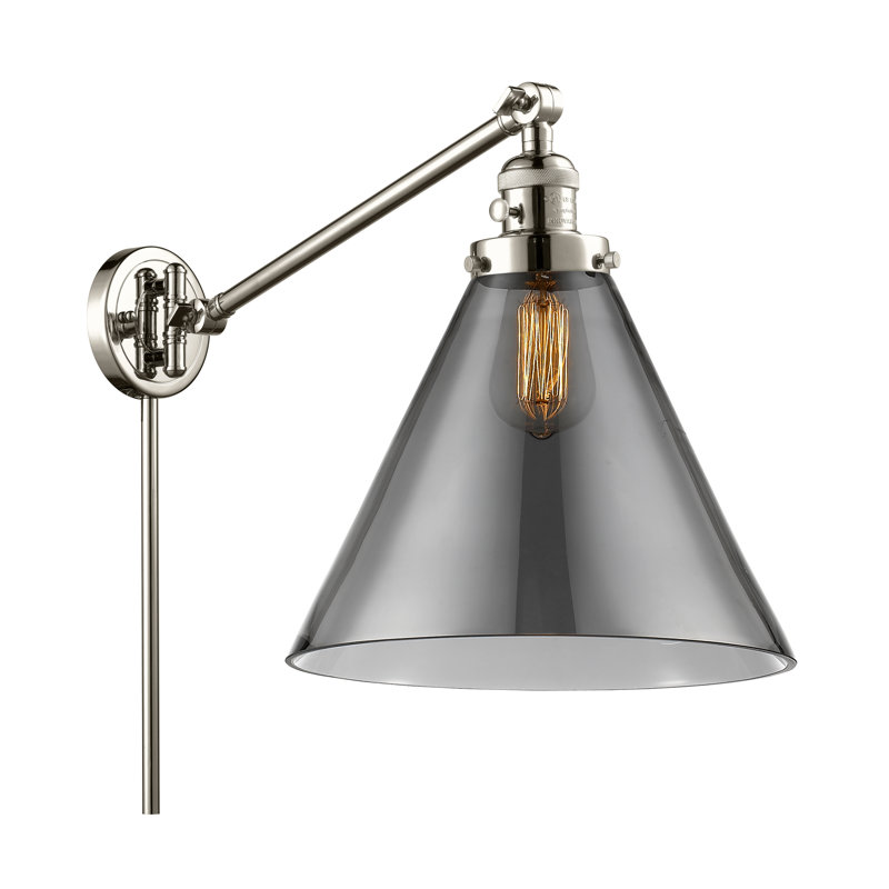Lampe murale avec bras pivotant 1 lumière Cone, Nickel poli, Ampoule à DEL rétro de 3,5 W, Plaqué couleur fumée