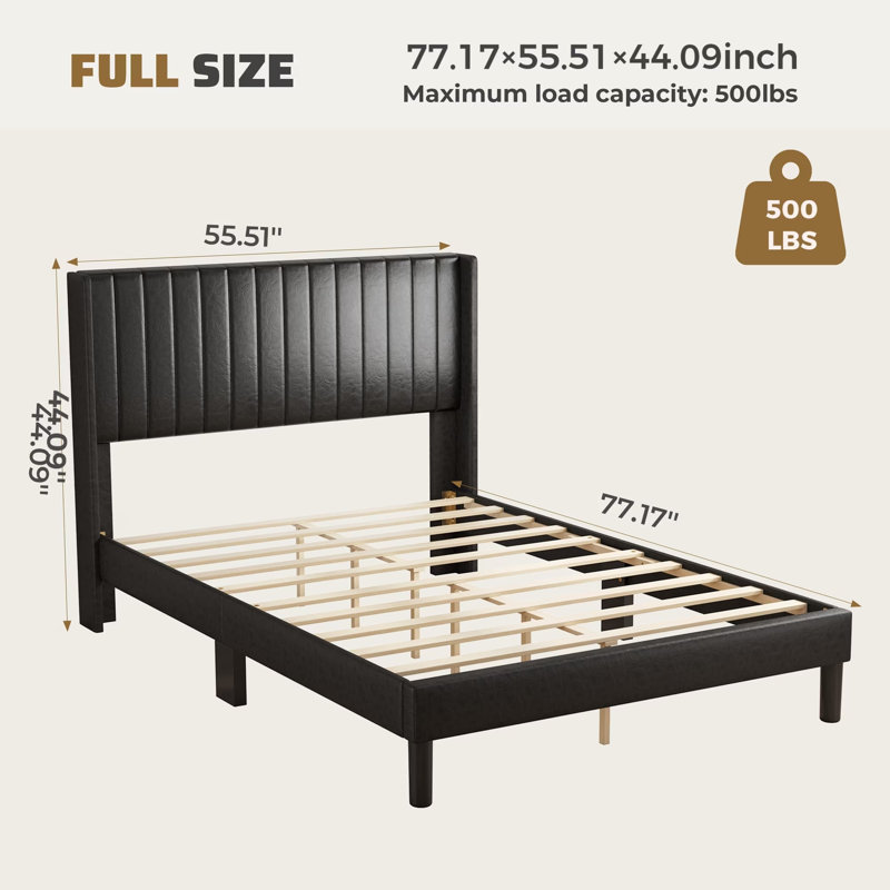 Platform Bed Frame with Headboard,  Upholstered PU Wingback Bed, No Box Spring Needed, Easy Assembly, PU Leather/Black , Full