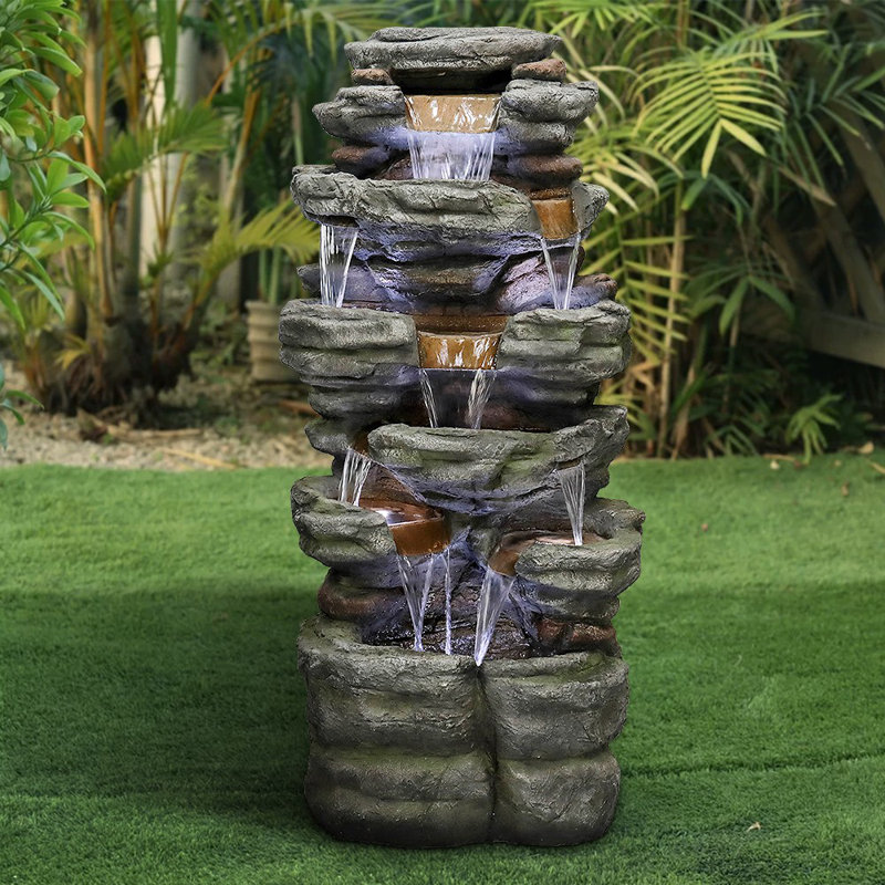 SunJet 47.2" H Natural Stone Outdoor Garden Fountain with Lights