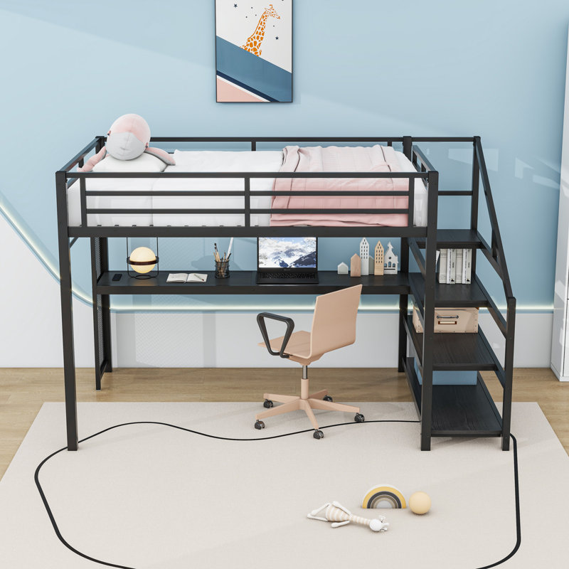 Grand lit mezzanine avec bureau, lumières DEL intégrées, ports USB et escalier de rangement, Grand lit, Noir