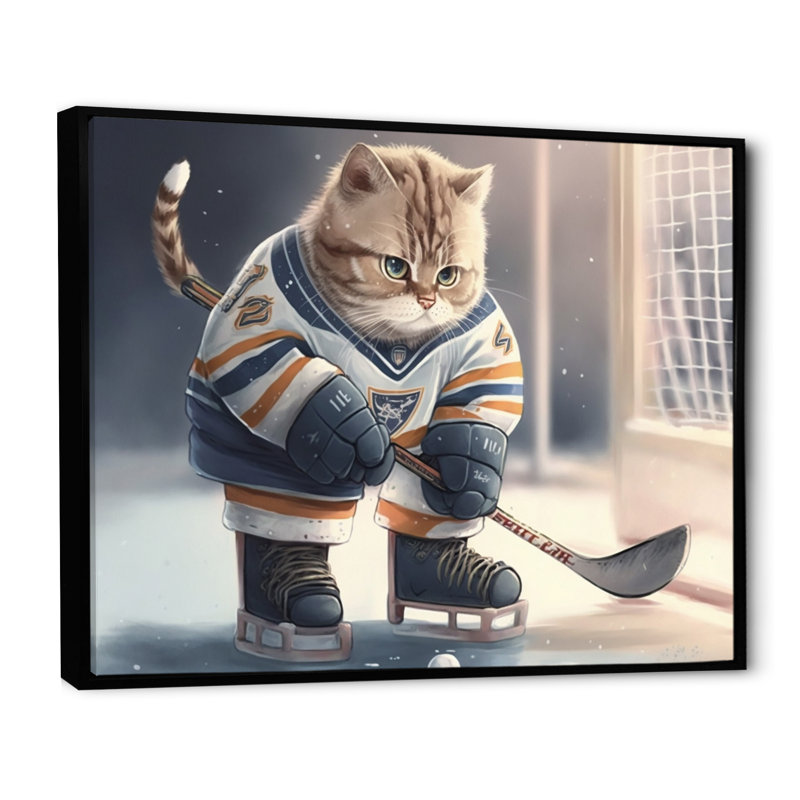 Dessin animé «Hocket Cat on Ice Rink I», impression sur toile, H 24 po x l 32 po x P 1 po, Toile avec cadre flottant noir