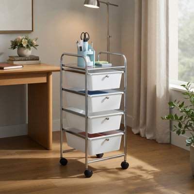  Chariot de rangement roulant à 4 tiroirs avec tiroirs en plastique Smooth-Glide, structure en acier, organisateur compact pour la maison, le bureau et le salon, blanc