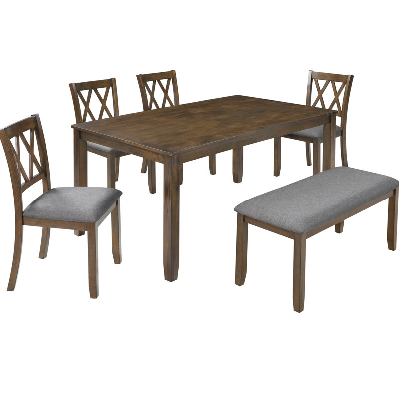 Ensemble de table de salle à manger élégant en bois 6 pièces avec 4 chaises et un banc, Noyer vertical à dossier croisé
