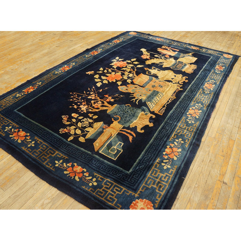 Blue Flowers Vase Pattern Antique Blue Color Baotou Chinese Wool Rug