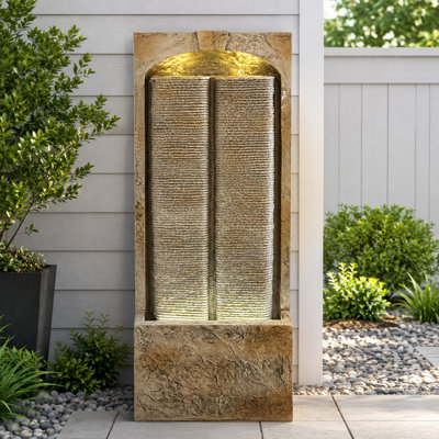 Modern Wall Waterfall Outdoor Fountain with LED Lights, 39.4"H Resin Garden Fountain