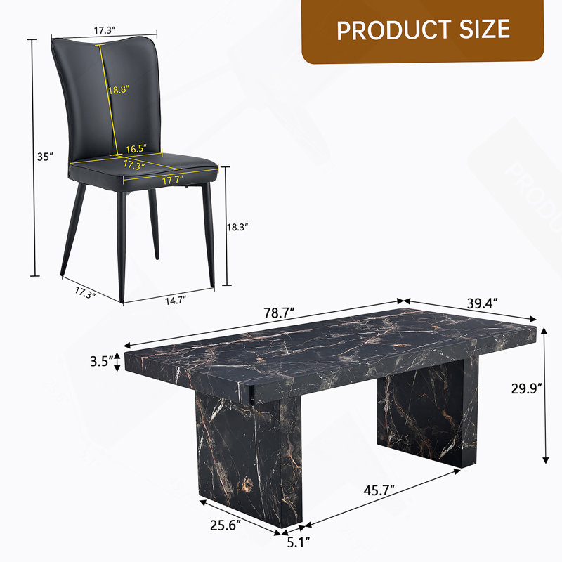 Ensemble de table de salle à manger luxueuse à motif de marbre noir, 78,7 x 39,4 pouces, avec 8 chaises ergonomiques en polyuréthane