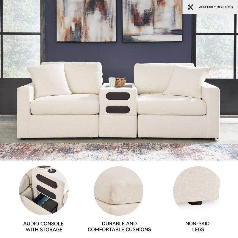 Braintree 3-Piece Sectional With Audio Console, Beige Polyester