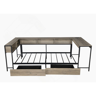 Corner Bed Frame Twin Size with Bookcase and 2 Underbed Storage Drawers, Modern Twin Bed with LED Light and Charging Station, Modern Daybed Reversible by Ivy Bronx