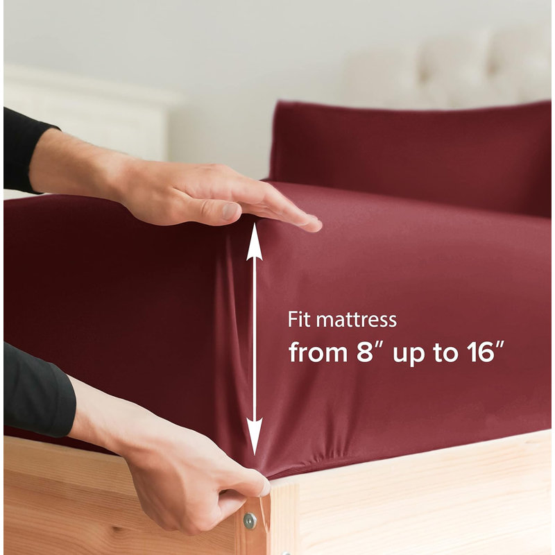 Fitted Sheet Only, Soft Cooling Bed Sheet, Breathable Hotel Luxury Bedding, Deep Pocket 8–16 Inch Mattress Fit, Burgundy