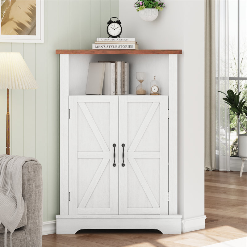 Free Standing Triangle Bathroom Storage Cabinet with Doors & Adjustable Shelves, Home Organizer For Kitchen & Living Room,White