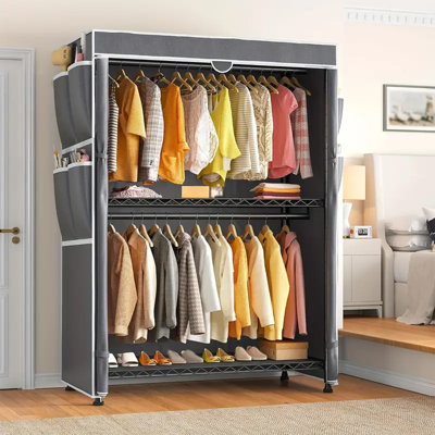 80.55" X 35.11" Clothes Rack With Cover, Heavy Duty Garment Rack For Hanging Clothes, Industrial Clothing Racks With Adjustable Shelves, 4 Casters, 4 Leveling Feet, 2 Hanging Rods, Freestanding Closet Organizer