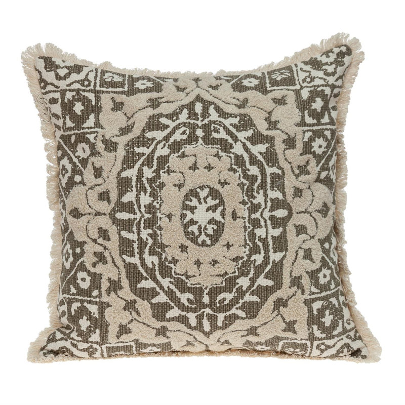 Beige Embroidered Square Cotton Throw Pillow 18" x 18"