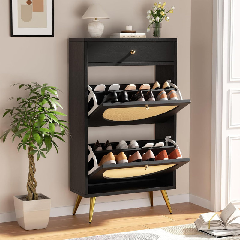 Rattan Shoe Storage Cabinet with Drawer, Black