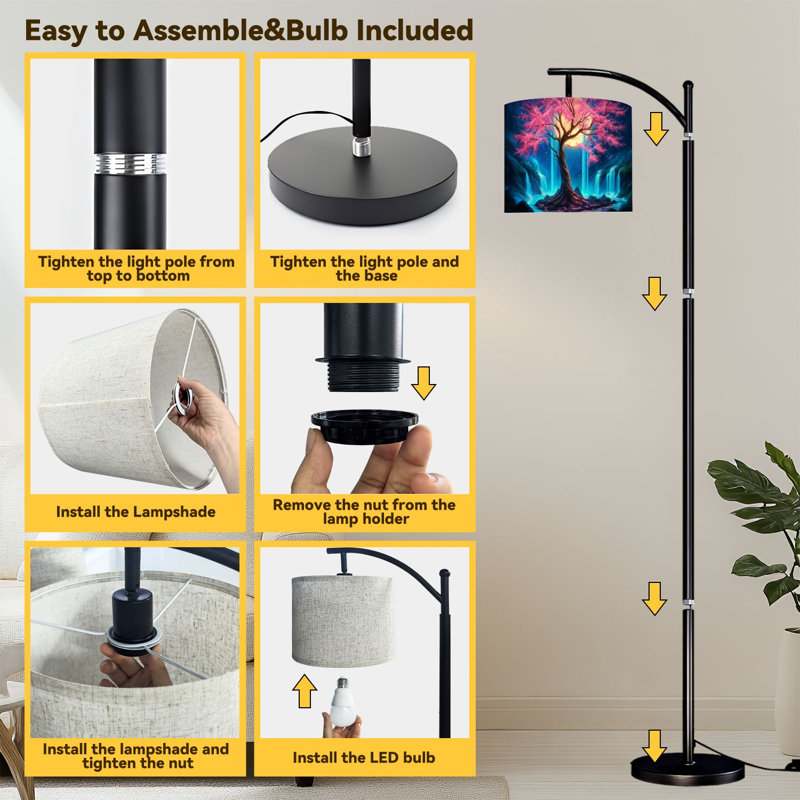 Arc Floor Lamp Fantasy Tree Glowing Waterfalls under Full Moon Floor Lamps with Remote LED Lights Adjustable Lamp Shades Tall Standing Lamps for Reading Office Living Room