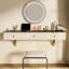 Tablette flottante de 47 po, coiffeurs, chambre à coucher, beige et doré, trois tiroirs, sèche-cheveux, brosses à maquillage, support pour tablette, peu encombrante, table murale polyvalente facile à assembler pour la chambre à coucher-121070929